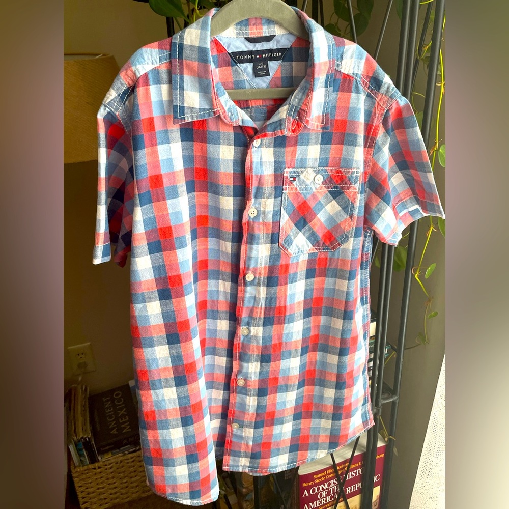 Tommy Hilfiger Blue & Red Plaid Short Sleeve Button Down Shirt